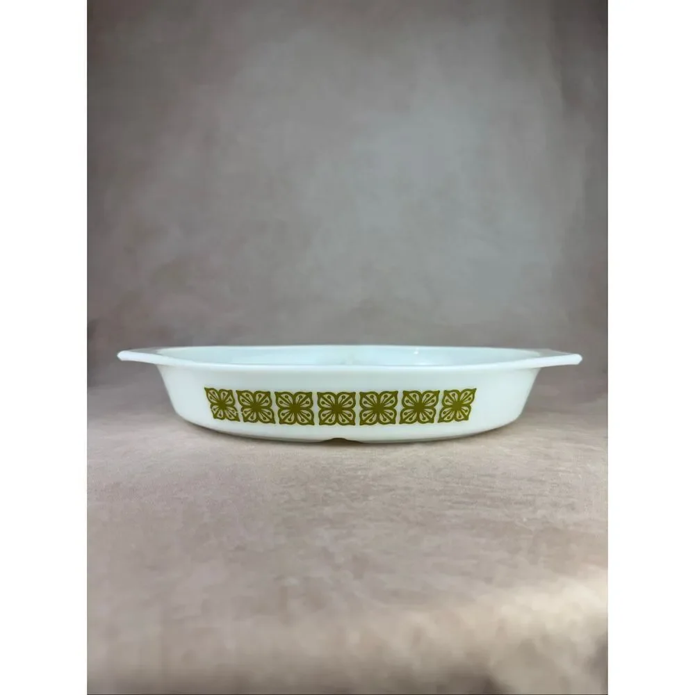 Vintage Pyrex Verde Split Casserole Dish Floral Mod MCM 1970s